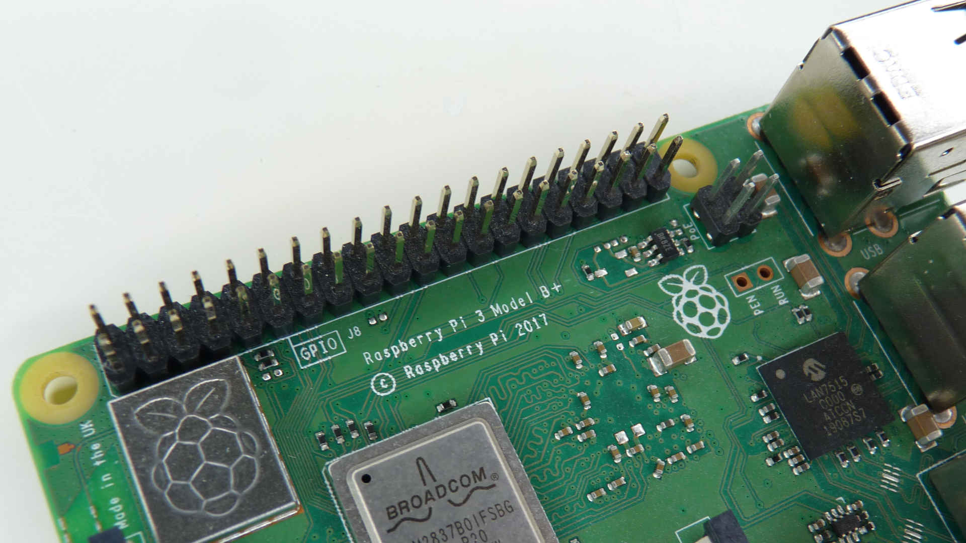 A photo of a Raspberry Pi showing the model printed on the circuit board