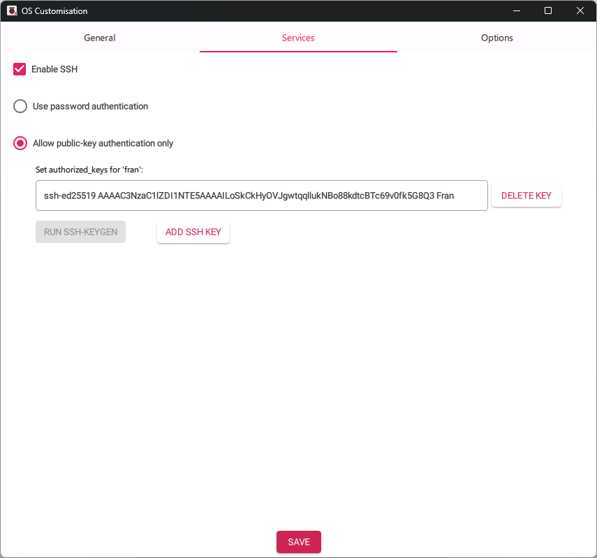 A screenshot of Raspberry Pi imager, step three