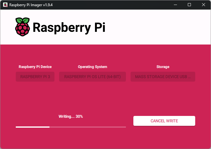 A screenshot of Raspberry Pi imager, step four